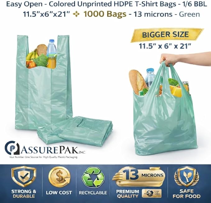 ASSUREPAK Easy Open - 1000 Bags- Colored Unprinted HDPE T-Shirt Bags - 1/6 BBL 11.5"X6"X21"- 13 microns - Green - Perfect for Groceries, Shopping and Retail Stores LOOP-GREEN-EO