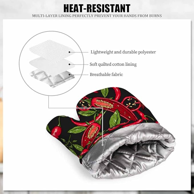 Mxocom Mexican Hot Pepper Chili Oven Mitts and Pot Holders Sets Slices Halves Crushed Pieces and Branch Organic Healthy Red Silicone Heat Resistant Kitchen Oven Gloves Pot Holder for Cooking