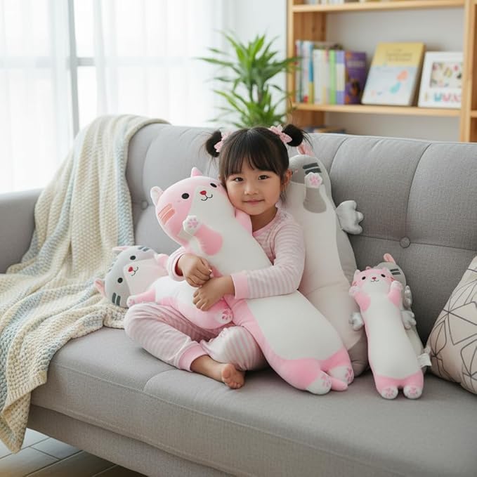 Long Cat Plush Pillow, Cute Cat Stuffed Animal Body Pillow with Wings, Soft Kawaii Kitty Hugging Pillow, Christmas Valentine's Birthday Gift for Kids Girls Boys (Pink, 60cm/23.62in)