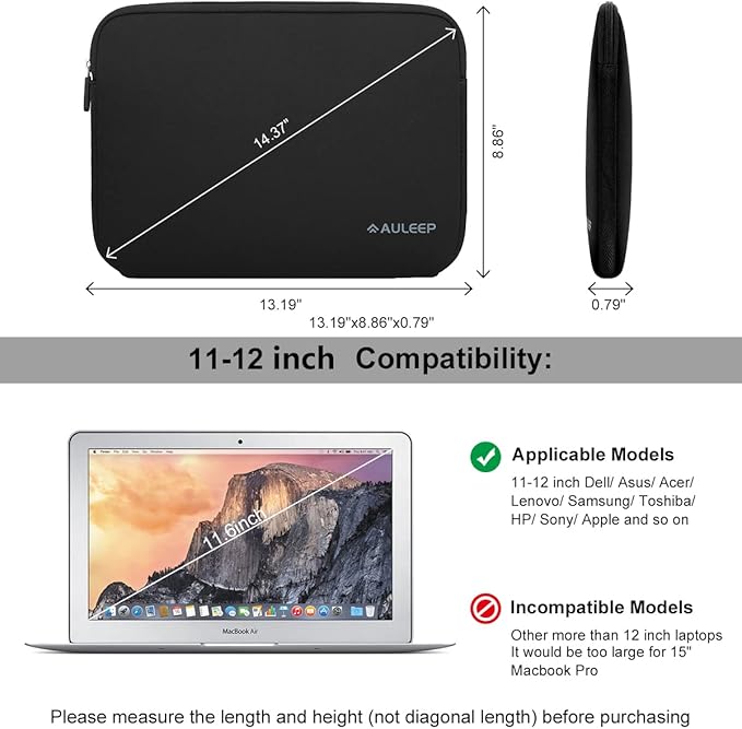 AULEEP 11-12 Inch Laptop Sleeves, Neoprene Notebook Computer Pocket Tablet Carrying Sleeve/Water-Resistant Compatible Laptop Sleeve for Acer/Asus/Dell/Lenovo/HP, Black