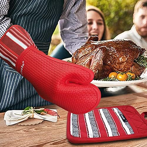 Silicone Oven Mitts Heat Resistant 550 Degree, Extra Long Kitchen Mittens with Non-Slip and Waterproof Pot Holders for Baking Cooking Barbecue Microwave Machine Washable(Extra Long red, 2)