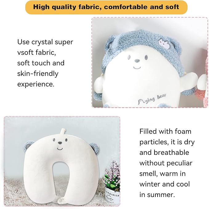 stocaggio Kids Travel Pillow - 2-in-1 Deformable Kids Neck Pillow for Traveling, Soft U-Shaped Pillow with Adorable Animal Design, Comfy Sleep and Play, Ideal for Airplanes and Cars - Blue Bear