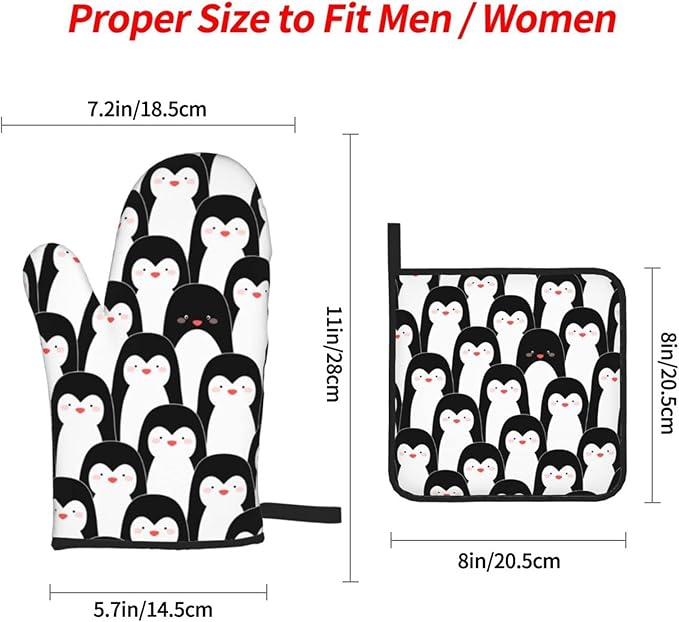Penguin Cute Oven Mitts and Pot Holders Set of 4, Oven Mittens and Potholders Heat Resistant Gloves for Kitchen Cooking Baking Grilling BBQ