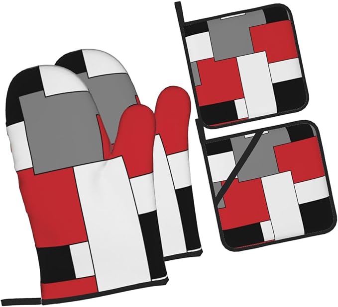 Red White Black Grey Geometry Oven Mitts and Pot Holders 4 Pcs Set Geometric Oven Gloves and Potholders for Cooking Microwave BBQ Baking Grilling