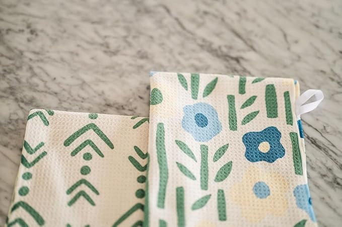 Desert Aqua 2 Pack Double Sided || Not Your Ordinary Kitchen Towels || Dish Towels ||Quick Dry || Waffle Weave Microfiber || Highly Absorbent || Hanging Hook (Blue Green Arrow)