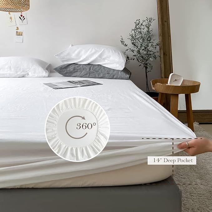 Simple&Opulence Washed Linen Bed Sheet Set Basic Style 4 Pieces (1 Flat Sheet & 1 Fitted Sheet & 2 Pillowcases) 100% Natural French Flax Soft Breathable Farmhouse Bedding (King, White)