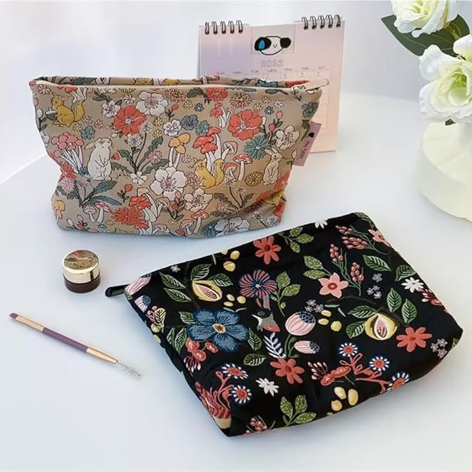 SxoSyo Cosmetic Bags for Women Makeup Bag Large Capacity Purse Travel Toiletry Zipper Storage Pouch Make up Brushes Organizer for Gifts (Flowers, Black)