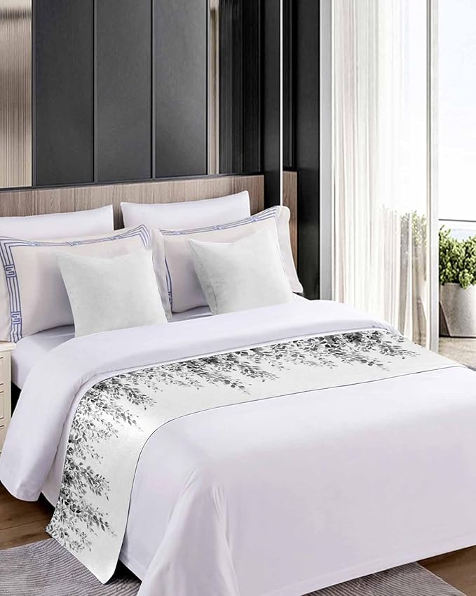 DecorLovee Grey Eucalyptus Bed Runners for Cal King Size Bed, Weeping Botanical Decorative Bed Throws for Foot of Bed, Leaf Watercolor Bed Runner Sofa Throw Bedding Scarf Slipcover for Bedroom