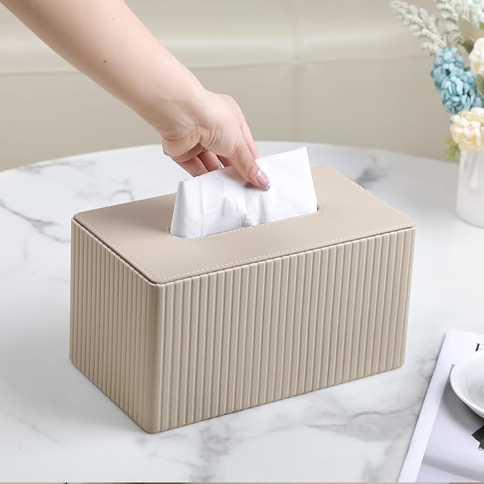 MEIBOOCH Extra Large Tissue Box Cover for Standard Size 180 to 230 Count Box of Tissues, PU Leather Rectangle Tissue Holder with Magnetic Closure (Beige)