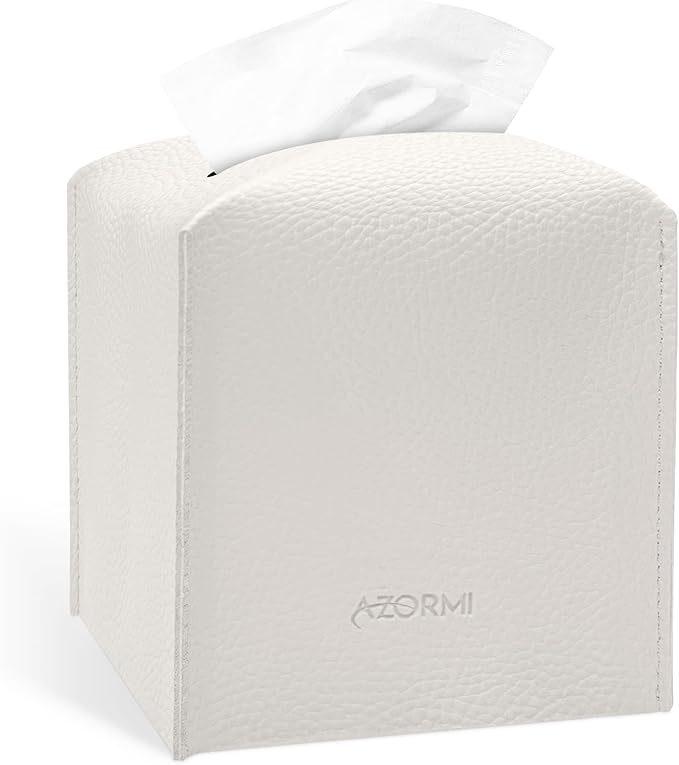 Tissue Box Cover Holder, PU Leather Tissue Box Cover Square with Bottom Belt, Cube Tissue Holder for Bathroom, Modern Organizer for Car, Office, Tabletop (White, 14 Leather Patterns)