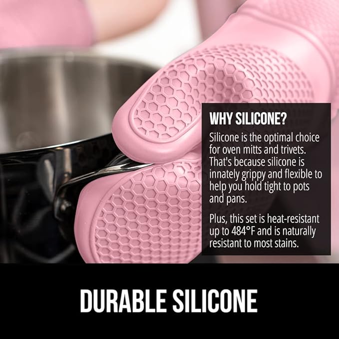GORILLA GRIP BPA-Free Soft Silicone Oven Mitts and Pot Holders Sets of 4, Heat Resistant Waterproof Cooking Gloves, Thick Cotton Lining, Flexible Gripping for Baking Grilling, Kitchen Trivets, Pink