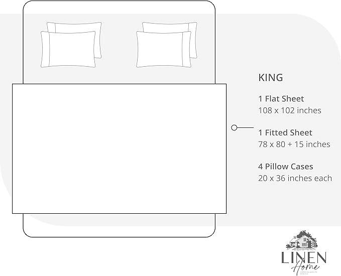 Linen Home 100% Cotton Percale Sheet Set, King Size, Ivory, Deep Pocket, 6 Pieces Set - 1 Flat, 1 Deep Pocket Fitted Sheet and 4 Pillowcases, Crisp Cool and Strong Bed Linen