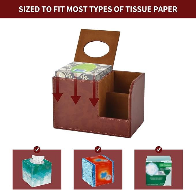 XNONE PU Leather Square Tissue Box Cover,Multifunctional Tissue Box Holder,Tissue Box with Storage,Tissue and Remote Control Holder,Tissue Box Decorative Desk Organizer for Home&Office,Brown
