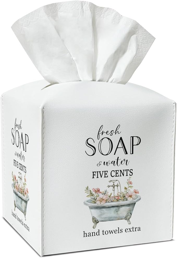 Flower Tissue Box Covers Square - Fresh Soap and Water, Leather Tissue Box Holders Decorative for Home Bathroom Restroom Shelf, Square Facial Paper Organizer Home Decor -027