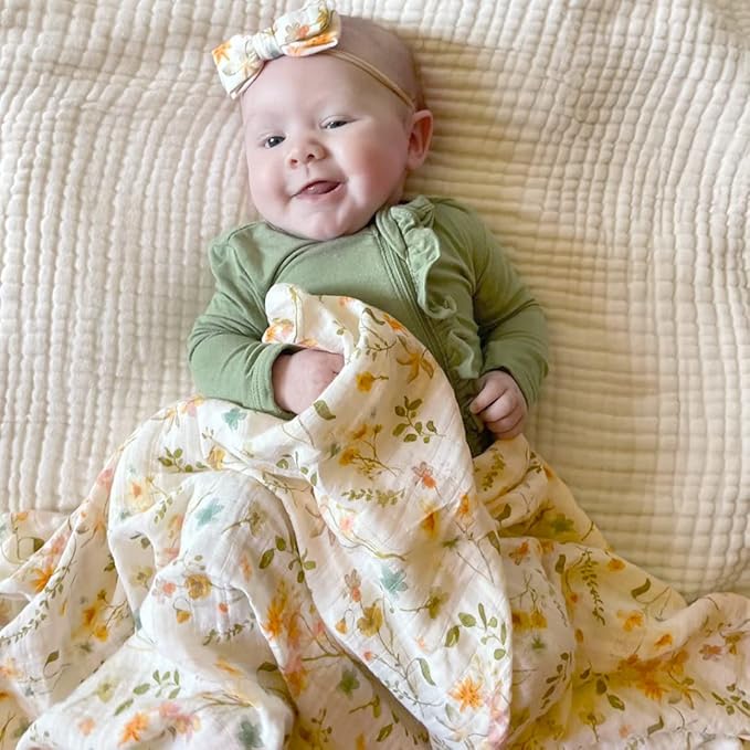 LifeTree Baby Muslin Swaddle Blankets for Boys & Girls, Newborn Swaddle Set with Matching Headband Bow, Infant Blanket Wrap, 47 x 47 inches, Floral Motif, 70% Viscose Bamboo and 30% Cotton