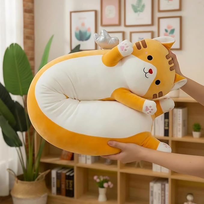 Long Cat Plush Pillow, Cute Cat Stuffed Animal Body Pillow with Wings, Soft Kawaii Kitty Hugging Pillow, Christmas Valentine's Birthday Gift for Kids Girls Boys (Yellow, 90cm/35.43in)