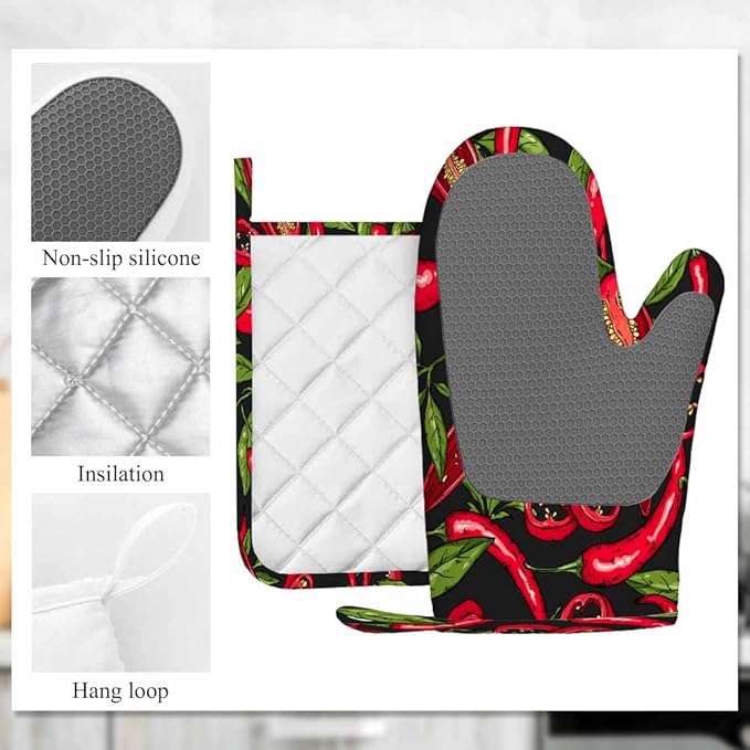 Mxocom Mexican Hot Pepper Chili Oven Mitts and Pot Holders Sets Slices Halves Crushed Pieces and Branch Organic Healthy Red Silicone Heat Resistant Kitchen Oven Gloves Pot Holder for Cooking