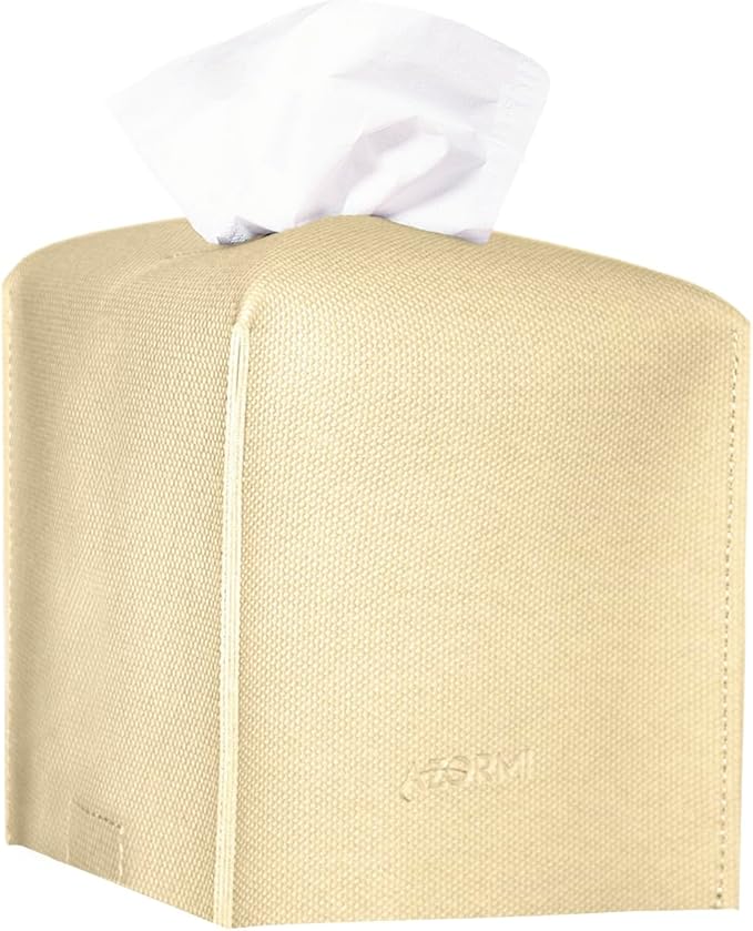 Tissue Box Cover, PU Leather Tissue Box Holder with Bottom Belt, Modern Square Tissue Box Covers with Wide Opening (Beige, Woven Patterns)