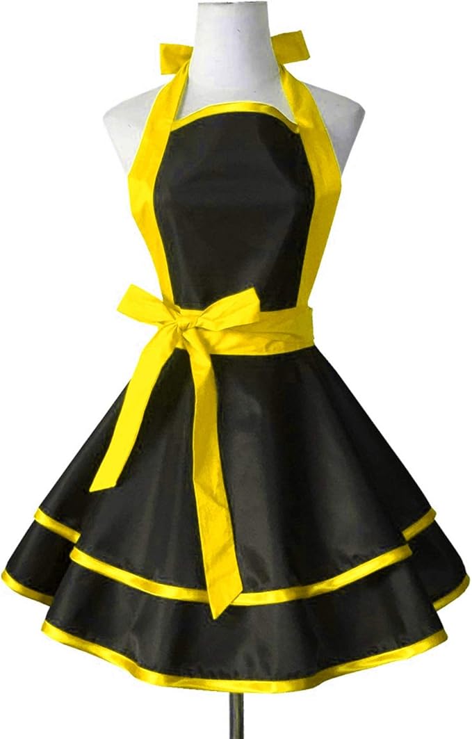 Hyzrz Lovely Handmade Cotton Retro Black Aprons for Women Girls Cake Kitchen Cook Apron for Mother's Gift (Yellow)