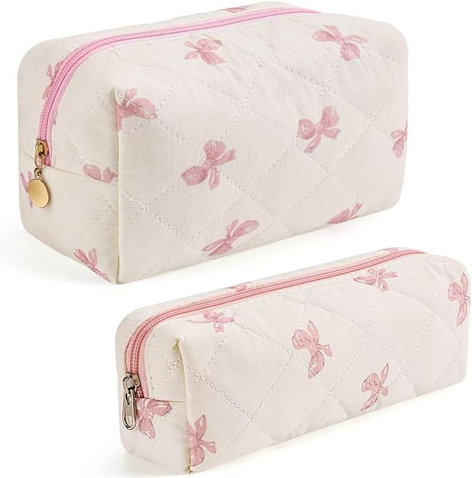 MZLUWM 2 Pcs Makeup Bag Travel Cosmetic Bag，Cute Floral Quilted Makeup Bag Set for Women Girls，Cotton Travel Toiletry Zipper Make Up Pouch (Pink Bow)