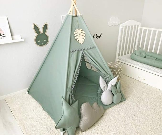 RONGFA Kids Teepee Tent with White Pom Pom - Indoor Play Teepee for Children Boys Portable Play House (Green)