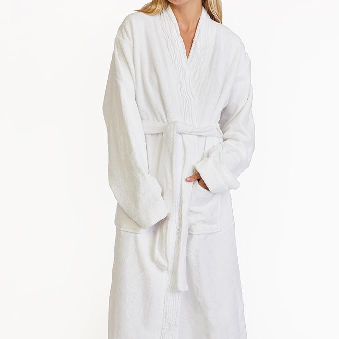 Nine Space Turkish Cotton Pleated Trim Terry Robe | Luxurious Bathrobe, Soft Spa Robe, Cozy Lounge Wear for Women