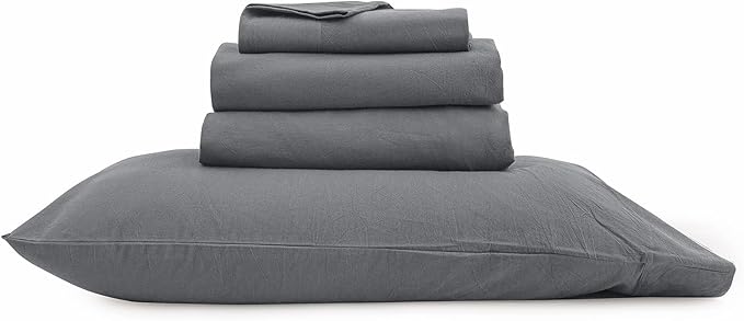 BESTOUCH Sheet Set 100% Washed Cotton Linen Feel Super Soft Comfortable Chic Lightweight 4 Pcs Home Bedding Set Solid Quiet Shade Grey Full