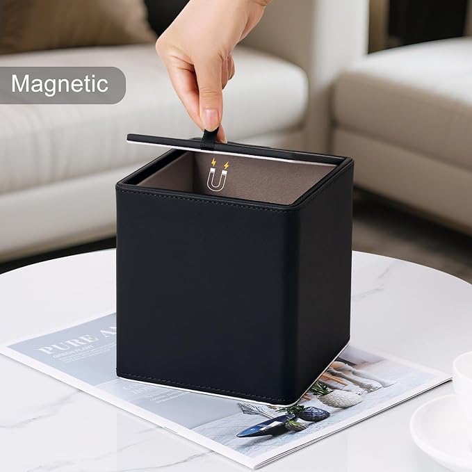 KINGFOM Leather Tissue Box Cover – Square Modern PU Leather Tissue Holder, Cube Tissue Dispenser for Home, Office, Bedroom, Bathroom – Elegant Minimalist Style (Black-Square)