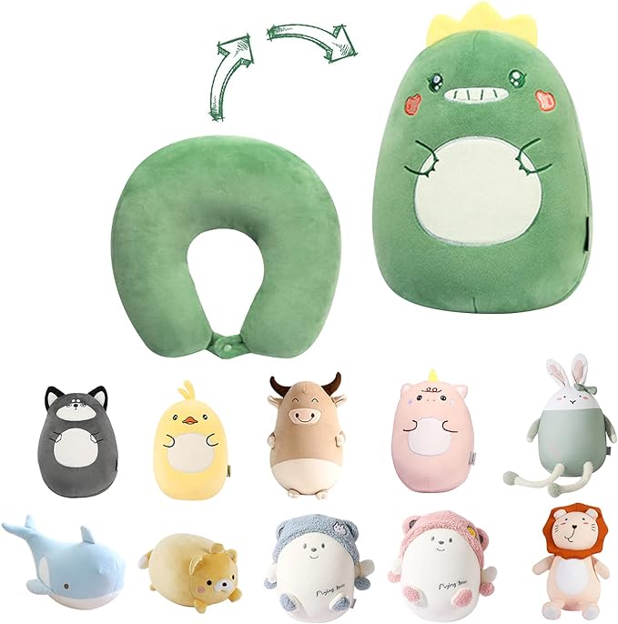 stocaggio Kids Travel Pillow - 2-in-1 Deformable Kids Neck Pillow for Traveling, Soft U-Shaped Pillow with Adorable Animal Design, Comfy Sleep and Play, Ideal for Airplanes Travel - Dinosaur