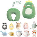 stocaggio Kids Travel Pillow - 2-in-1 Deformable Kids Neck Pillow for Traveling, Soft U-Shaped Pillow with Adorable Animal Design, Comfy Sleep and Play, Ideal for Airplanes Travel - Dinosaur