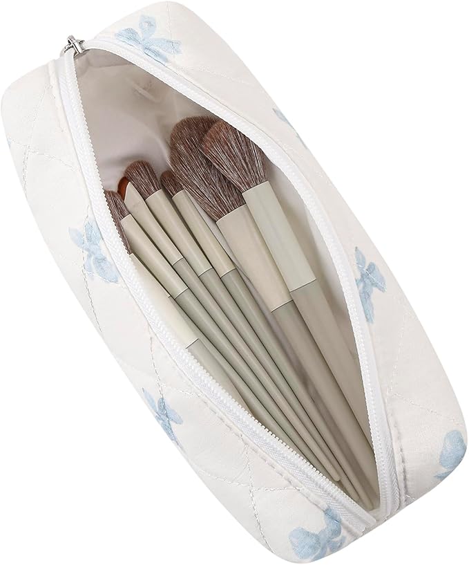 WHHJM Cute Floral Makeup Brush Bag Small Cotton Quilted Cosmetic Bag for Women Travel Toiletry Zipper Make Up Pouch (Blue Small Bowknot)