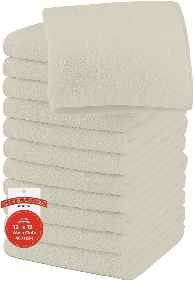 RIVERSIDE 12 Pack Washcloths - 12x12 Inches, 500 GSM, 100% Ring-Spun Cotton - Soft, Absorbent & Durable Face and Body Towels - for Bathroom, Spa, Gym, Makeup Removal & Everyday Use - Cannoli Cream