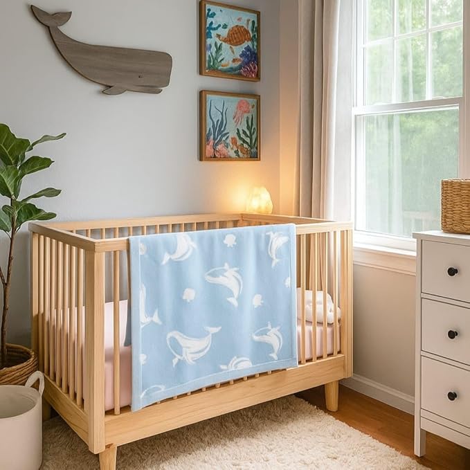 SWaddle AN Whale Jacquard Baby Blanket, Size 30x40in, 100% Cotton Fabric, Two-Sided Breathable Throw Blanket for Boys and Girls