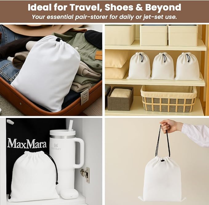 LFH Cotton Rich Shoe Storage Bags with Drawstring, Dustproof Breathable Reusable Organizer, Perfect For Travel, Dorm, Hotel, College, Gym, Easy to Carry, Machine Washable 8"x17" (Pack of 2) - White