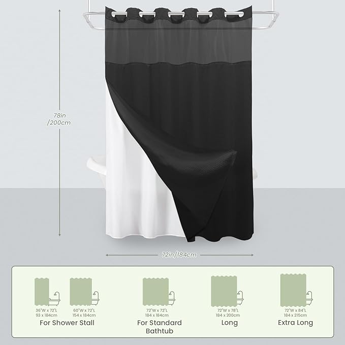 Inhousolu Long No Hook Shower Curtain with Snap in Fabric Liner Set Waffle Weave 230GSM Weighted Hem, Waterproof & Washable Bathroom Curtain Spa Luxury with Mesh Top Window 72" W x 78" L Black
