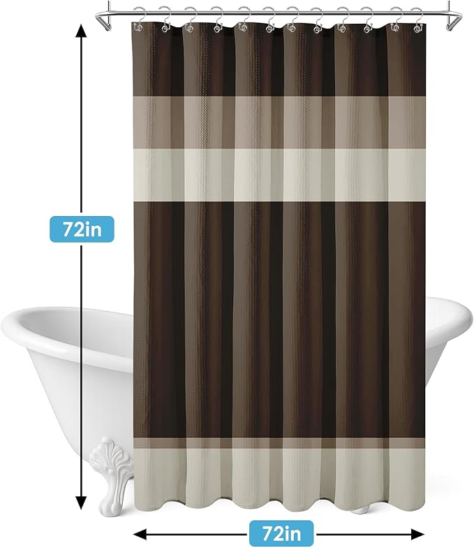 Nesphy Shower Curtain and Liner, Brown Striped 3 in 1 Shower Curtain and PEVA Liner Set with 12 Rust-Resistant Metal Hooks, Waterproof Fabric Shower Curtains for Bathroom, 72 W x 72 H