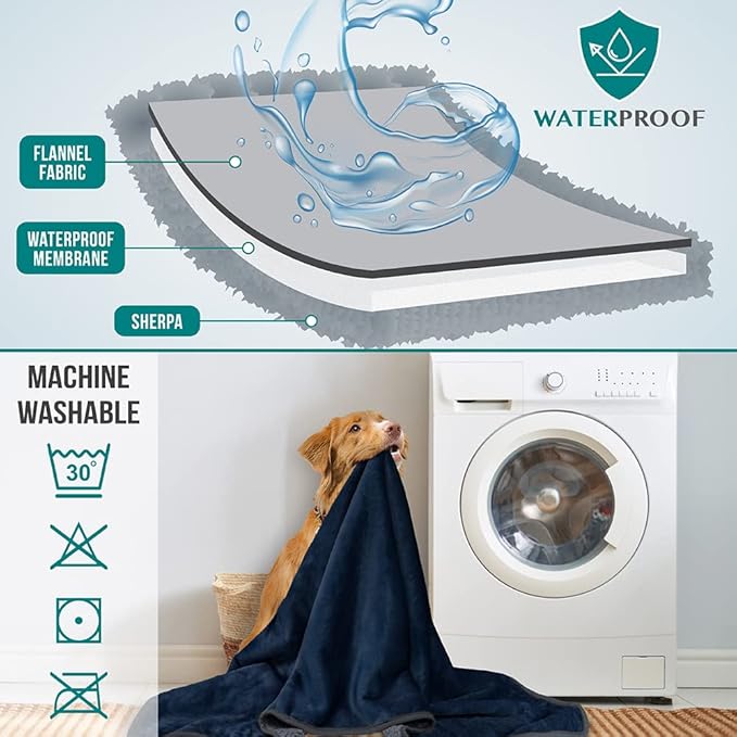 PetAmi Waterproof Dog Blanket for Extra Large Dogs, Pee Proof for Bed Couch, Reversible Soft Dog Crate Cover Washable, Queen 90x90 Navy/Gray