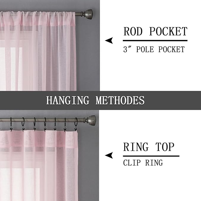 Tollpiz Sheer Curtains Living Room Linen Textured Curtain Sheers Light Filtering Voile Rod Pocket Curtains for Bedroom, 38 x 63 inches Long, Pink, Set of 2 Panels