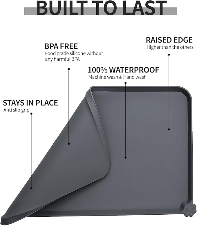 Reopet Waterproof Pet Feeding Mat with High Raised Edges, Heavier and Thicker Placemats for Cat Dog Water Bowl with BPA Free, Dogs Cats Food Mats for Messy Drinkers to Prevent Spill and Protect Floors