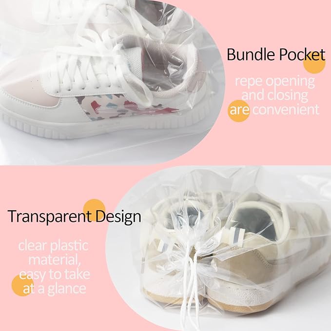 Belinlen 100 Pack 12x18 inch Plastic Drawstring Bags Transparent Shoe Bags for Travel Large Clear Shoes Storage Organizers Pouch with Cotton Draw Strings Shoe Dust Bags