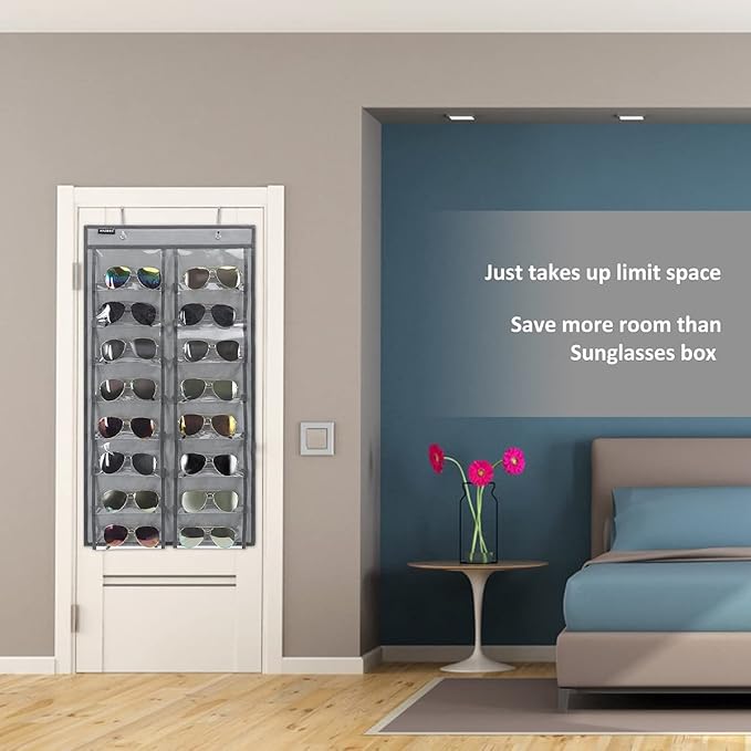 ANZORG Over the Door Hanging Sunglasses Organizer Storage Sunglass Rack Holder Eyewear Display Case with 16 Clear Dust Proof Pockets (16 Pockets-Grey)