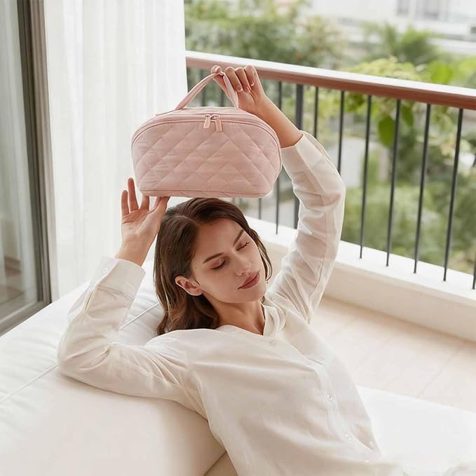 Petition Travel Makeup Bag For Women - Quilted Makeup Bag,180° Open Lay-Flat Cosmetic Case,5 Colors Large Capacity Waterproof Make Up Bag Set,With Compartments (Pink)