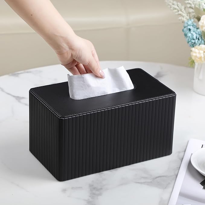 MEIBOOCH Extra Large Tissue Box Cover for Standard Size 180 to 230 Count Box of Tissues, PU Leather Rectangle Tissue Holder with Magnetic Closure (Black)