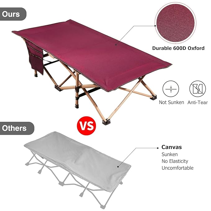 REDCAMP Extra Long Kids Cot for Sleeping 2-7 Years, Portable Travel Toddler Cot Bed with Carry Bag, Lightweight for Outdoor Indoor Home, New Wine Red 53''x26'', 2 Pack
