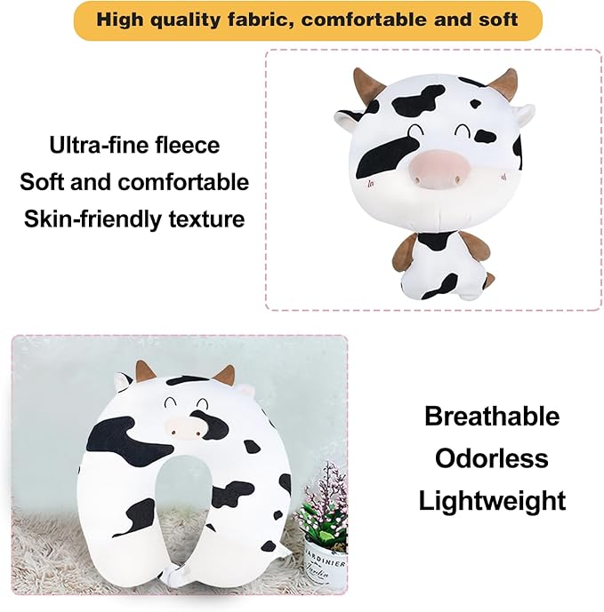 stocaggio Kids Travel Pillow - 2-in-1 Deformable Kids Neck Pillow for Traveling, Soft U-Shaped Pillow with Adorable Animal Design, Comfy Sleep and Play, Ideal for Airplanes and Traveling-Milk Cow