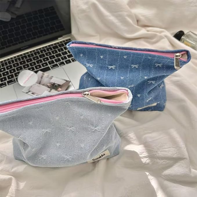 SxoSyo Cosmetic Bags for Women Makeup Bag Large Capacity Purse Travel Toiletry Zipper Storage Pouch Make up Brushes Organizer for Gifts (bowknot, denim blue)