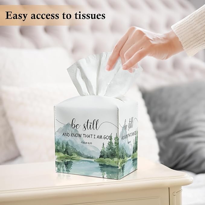 Christian Tissue Box Covers Square - Be Still and Know That I Am God, Leather Tissue Box Holders Decorative for Car Nightstand Home Office Organizer, Square Facial Paper Organizer Home Decor -025