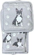 Boston Terrier 3-Piece Kitchen Set - Oven Mitt, Pot Holder & Kitchen Towel Set, Heat Resistant up to 420 F, Soft Quilted Cotton for Cooking, Baking, BBQ, Pet Lover Gifts (Boston Terrier)