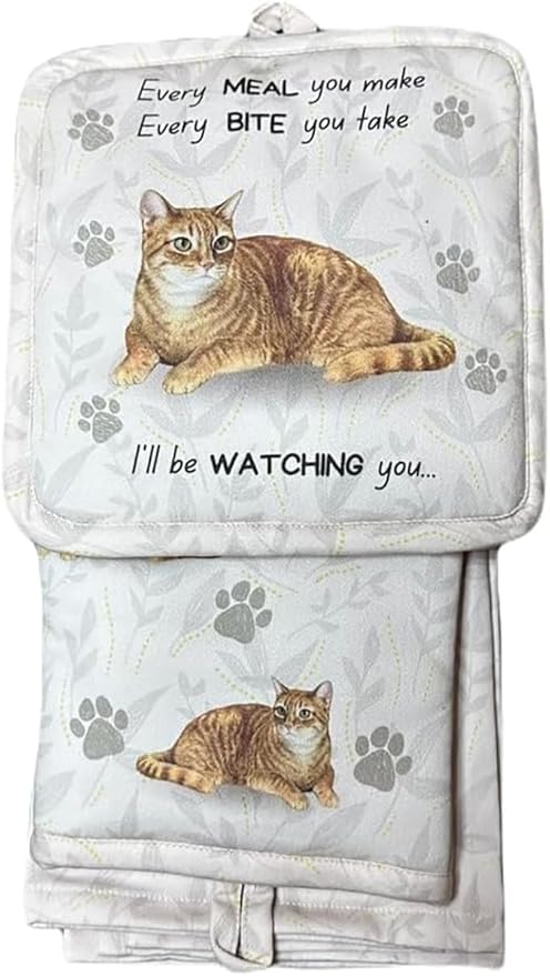 Tabby Orange cat 3-Piece Kitchen Set - Oven Mitt, Pot Holder & Kitchen Towel Set, Heat Resistant up to 420 F, Soft Quilted Cotton for Cooking, Baking, BBQ, Pet Lover Gifts (Tabby Orange Cat)