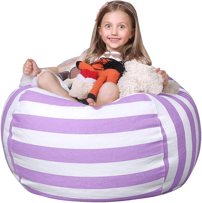 WEKAPO Stuffed Animal Storage Bean Bag Chair Cover for Kids | Stuffable Zipper Beanbag for Organizing Children Plush Toys Large Premium Cotton Canvas (Purple, X-Large)